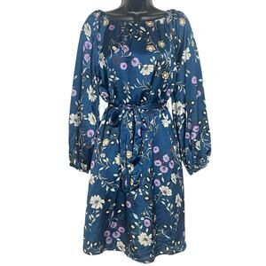 ANN TAYLOR FLORAL BELTED FLARE DRESS TEAL LONG SLEEVED CAREER CASUAL VGUC SZ XS